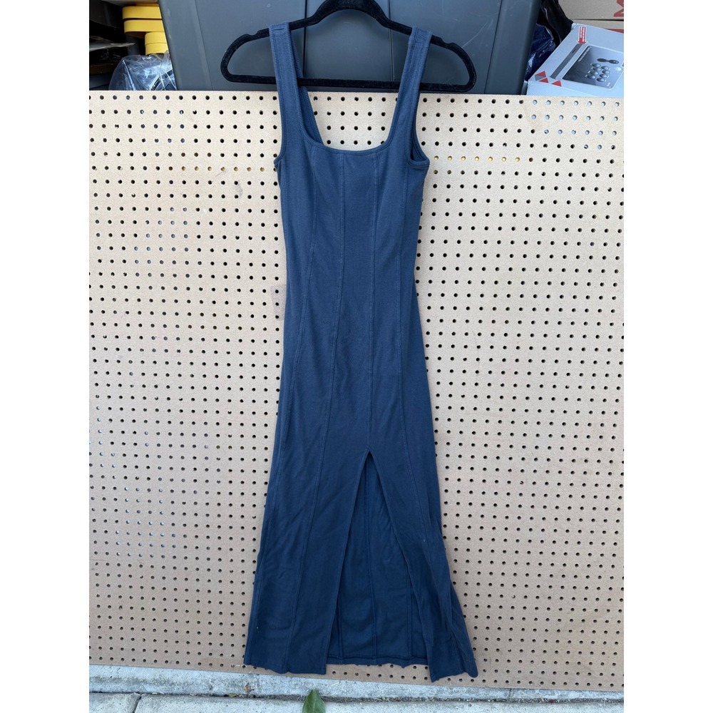 L Space Navy Blue Ribbed Square Neck Front Slit Midi Dress Small Minimal Nordic